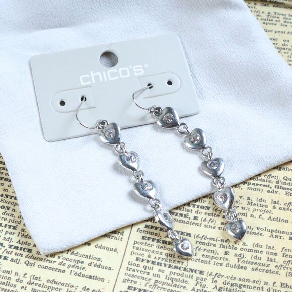 Chico's Heart Dangle Earrings Sparkling Silver Chic Fashion Jewelry Statement - Picture 1 of 2